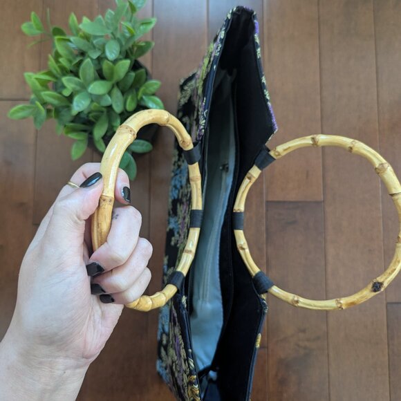 FLORAL BAMBOO HANDLE VINTAGE SATIN HANDBAG - Picture 2 of 2